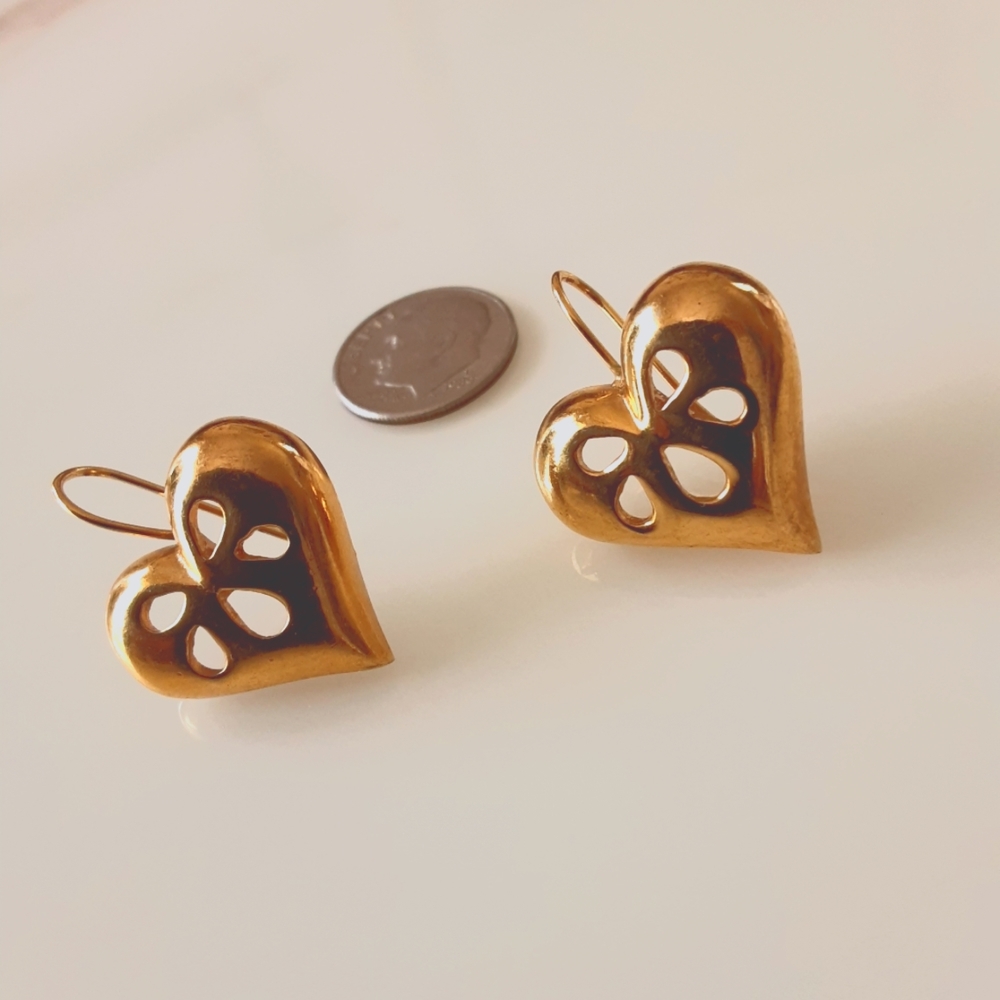 VTG LESLIE BLOCK GOLD PLATE OPEN HEART PIERCED EARRINGS